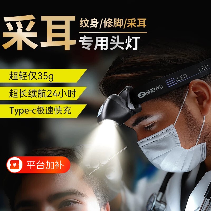 头灯头戴式强光充电超亮户外夜钓鱼续航手电筒矿灯轻照明感应采耳