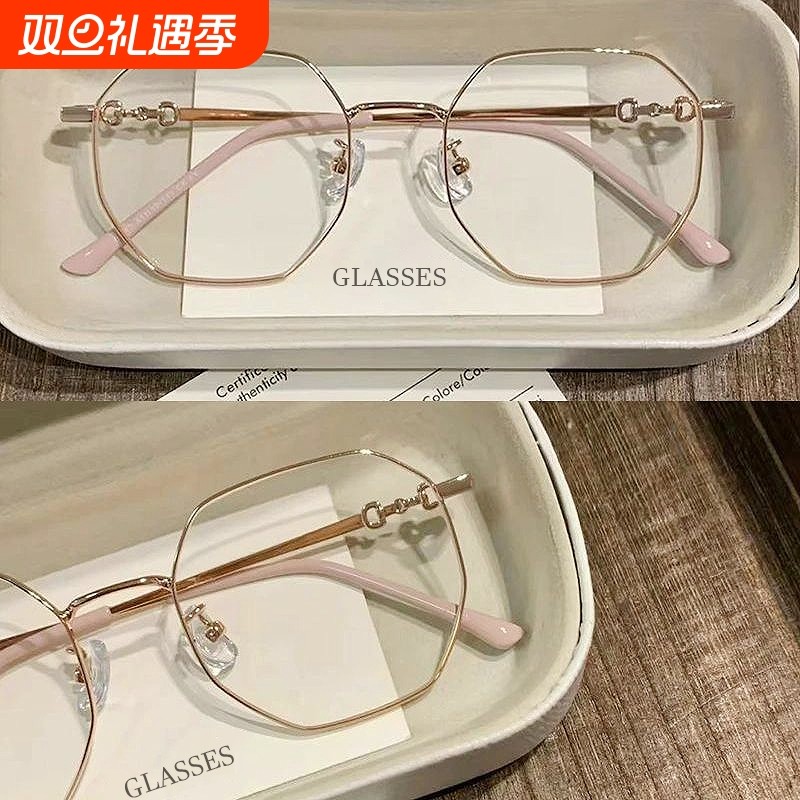 小红书同款素颜近视眼镜女复古金丝多边形防蓝光平光镜百搭显脸小