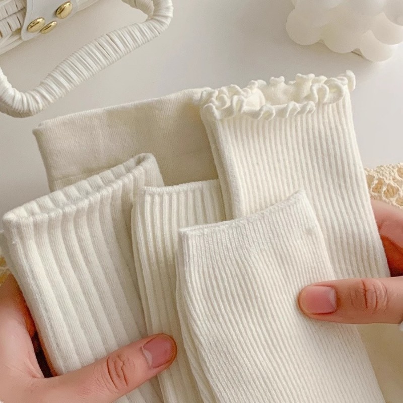 白色堆堆袜子女中筒春秋款配小皮鞋纯棉秋冬木耳边长筒无骨月子袜