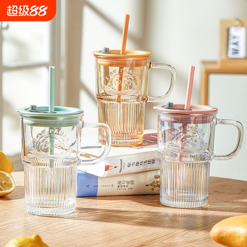 乐唯诗熊猫浮雕吸管杯带把高颜值玻璃水杯果汁杯咖啡杯带盖随手杯