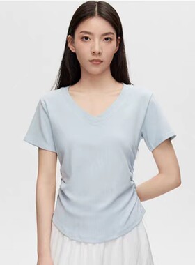 回力奶蓝色V领正肩T恤夏季修身显瘦上衣春秋打底衫短袖女速干薄款