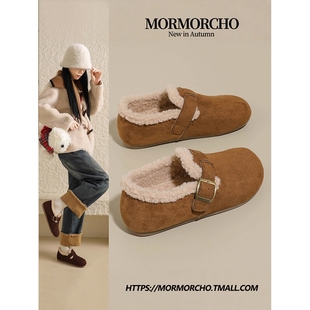 赵露思同款加绒勃肯鞋女一脚蹬保暖毛毛鞋反绒皮豆豆鞋冬季防水