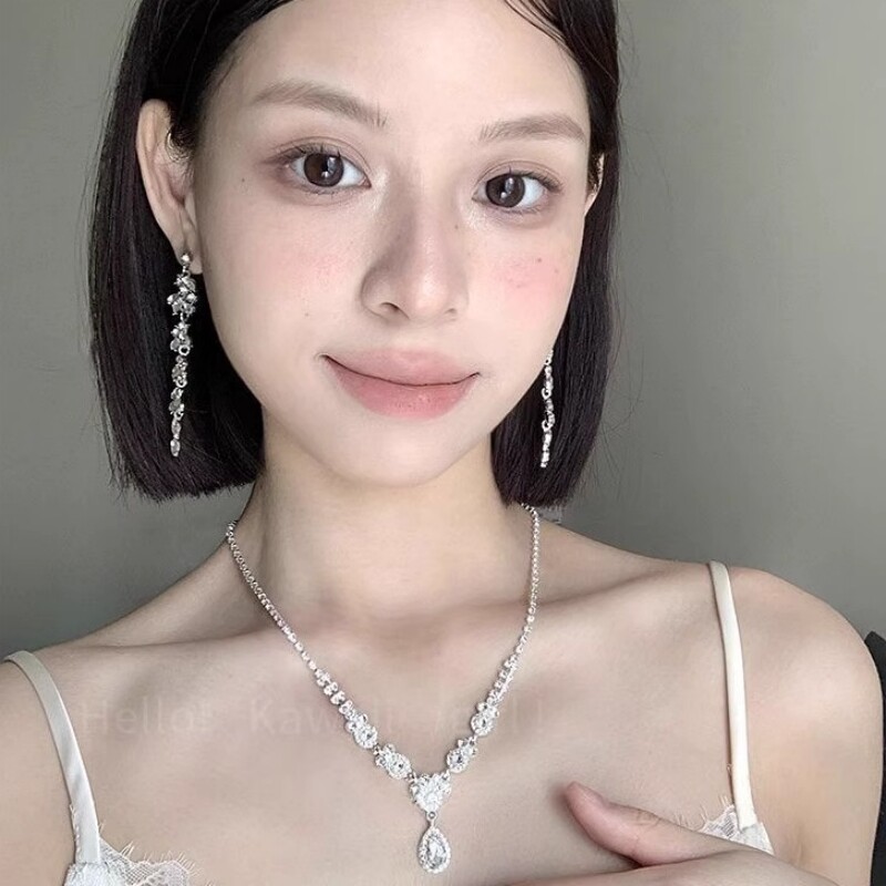 超闪水滴满钻锆石项链女流苏长款耳环轻奢小众镶钻高级感气质饰品