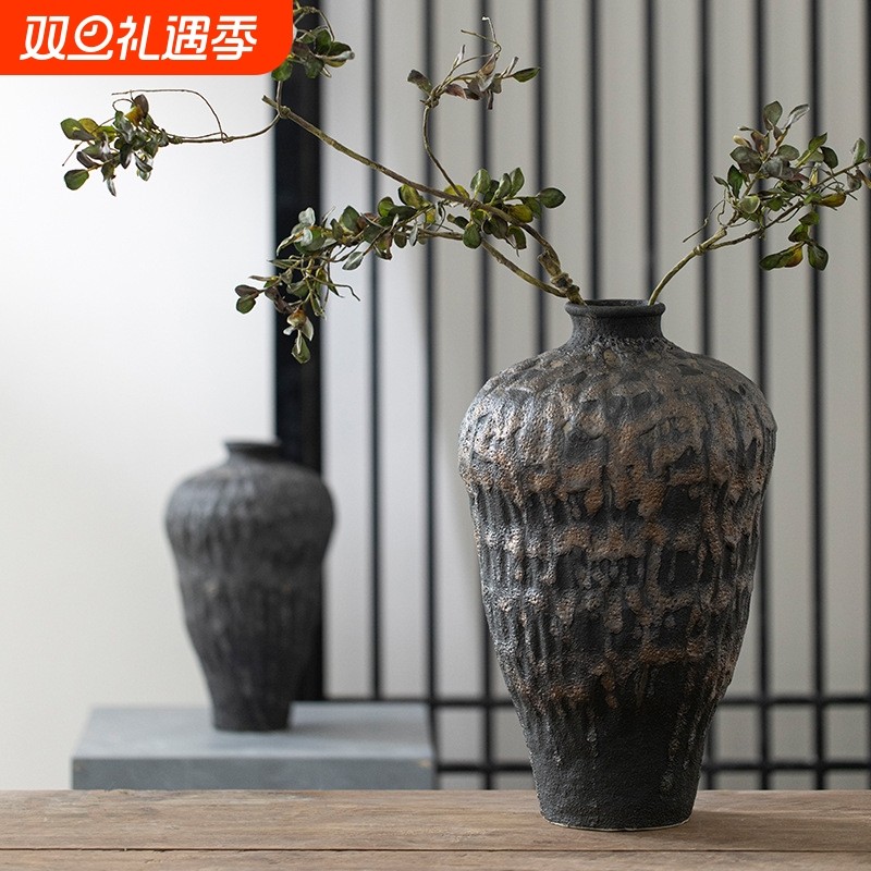 景德镇哑光黑手工陶瓷花瓶展示柜侘寂风陶罐客厅台面插花装饰摆件