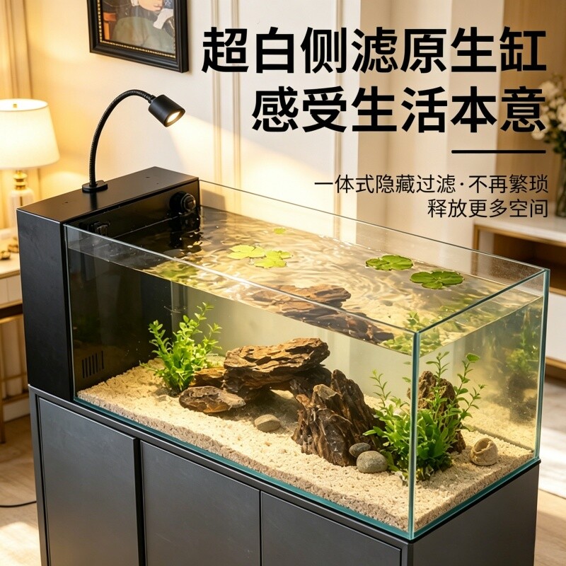 鱼缸溪流缸客厅桌面侧滤一体成型造景过滤制氧侧过滤生态金鱼缸