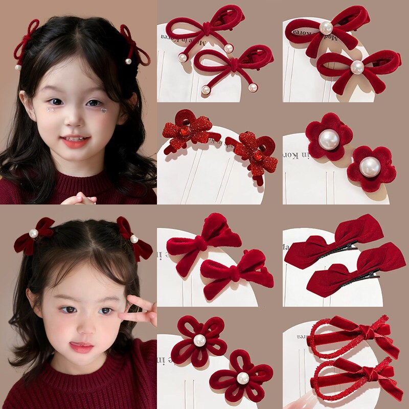 新年儿童发饰红色蝴蝶结发夹女童高级感边夹侧边刘海夹发卡鸭嘴夹