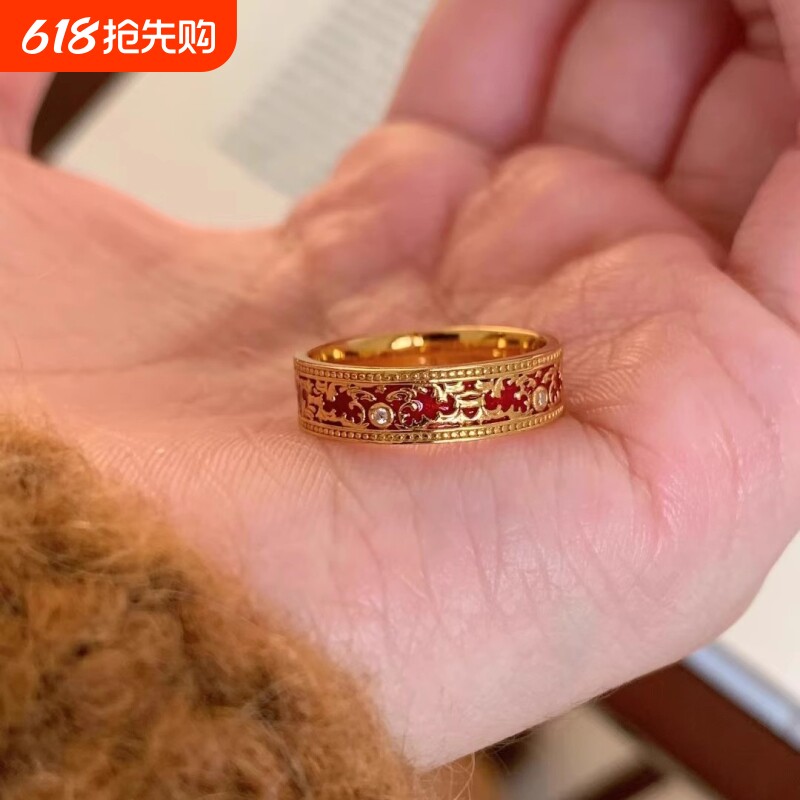 复古新中式楼兰若梦红珐琅戒指滴釉花纹戒指宫廷风轻奢指环可调节
