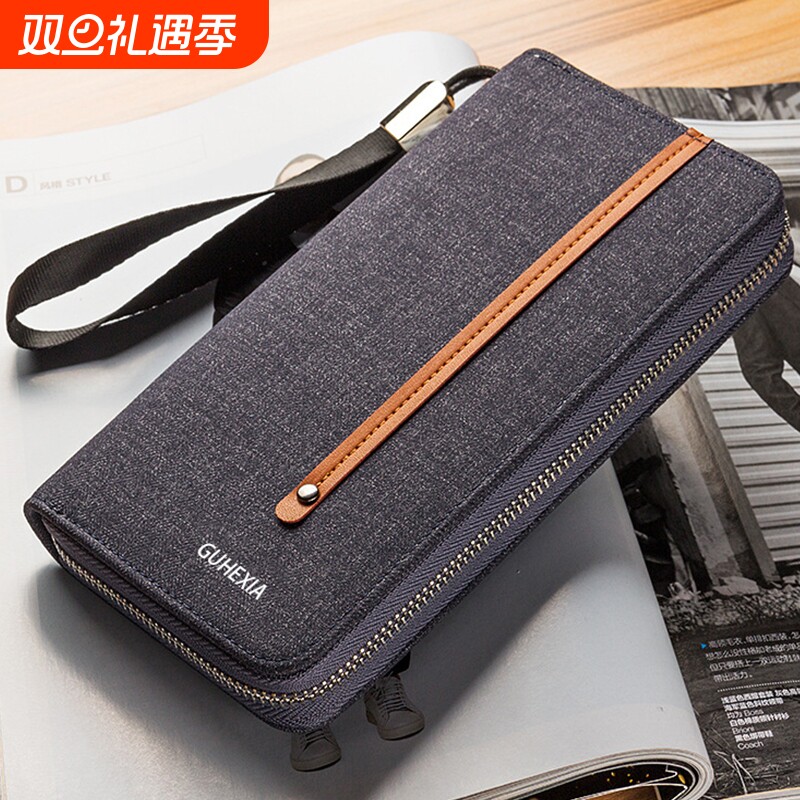 帆布钱包男长款拉链时尚手拿包多卡位大容量手包男手机包多功能