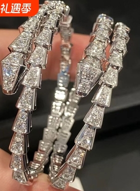 蛇形手镯女18K玫瑰金满钻蛇骨蛇头弹簧开口手环高版本白金镀金