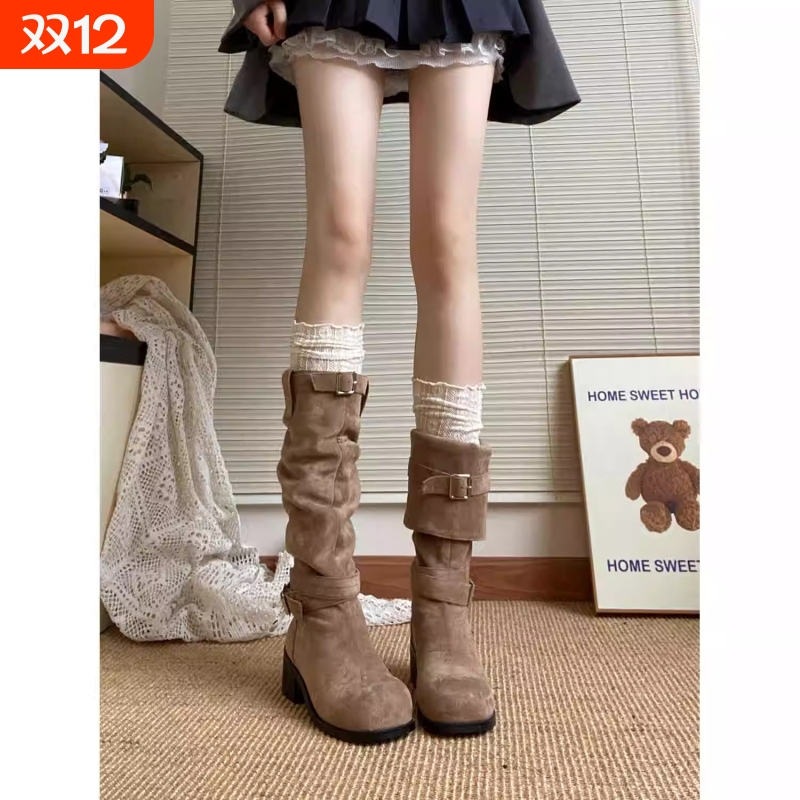 褶皱堆堆靴女款粗跟显瘦厚底长靴2025新款秋季西部靴高筒骑士靴子