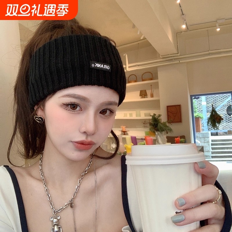 2025女款秋冬季针织发带女头巾毛线帽子月子产后头套运动黑色冷帽