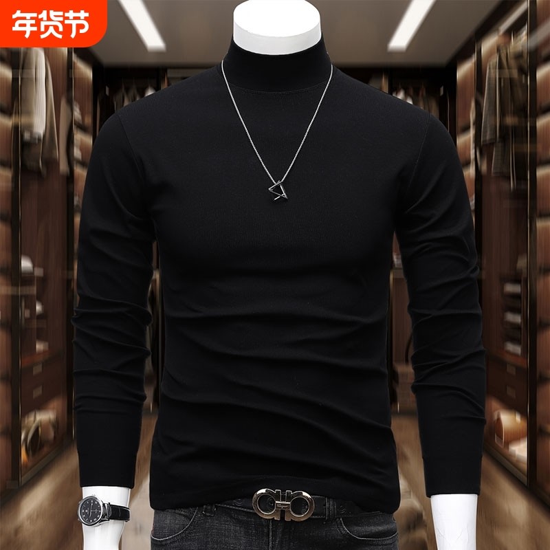 德绒保暖内衣加绒加厚内搭男士打底衫半高领中年长袖t恤毛衣黑色