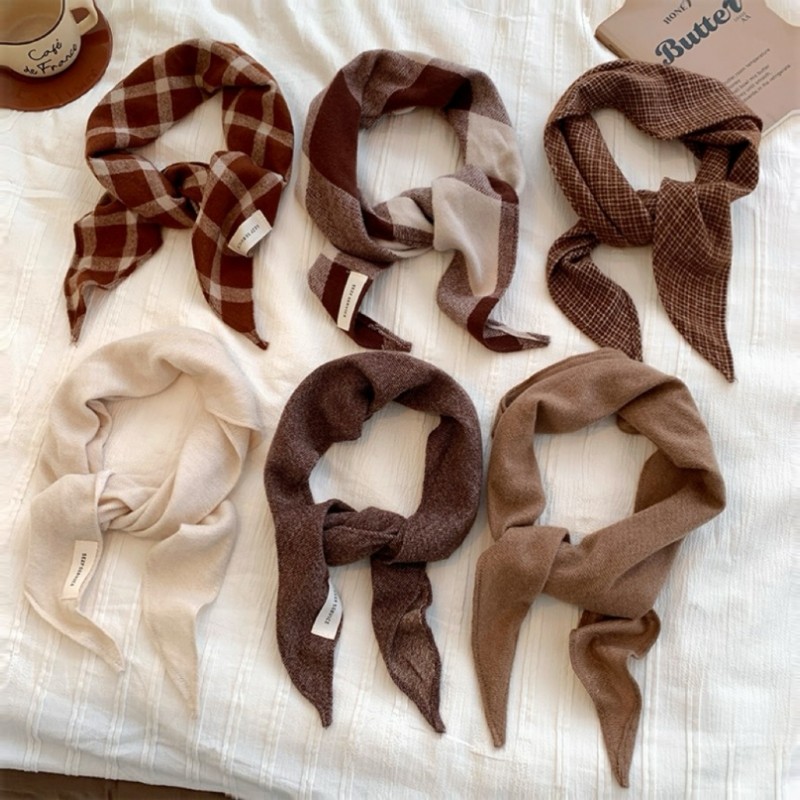 美拉德复古格子围巾女秋冬保暖装饰三角巾高级感系脖领巾配饰咖色