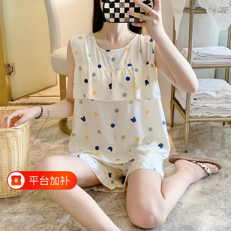 棉绸睡衣女款夏季宽松大码防凸点可外穿无袖背心短裤套装家居服
