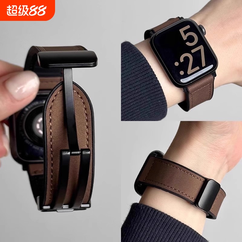 疯马皮硅胶磁吸iwatch表带适用苹果手表applewatch运动9透气8真皮质感皮质ultra秋冬男款小众s10女款s11潮