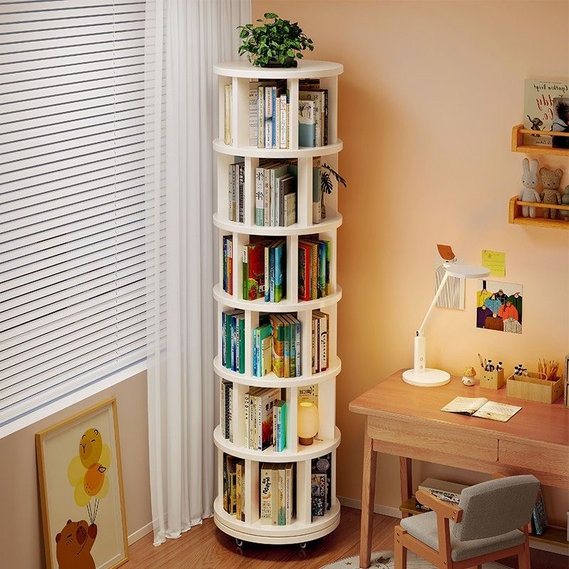 实木旋转书架置物架落地一体靠墙360度书柜可移动转角儿童收纳
