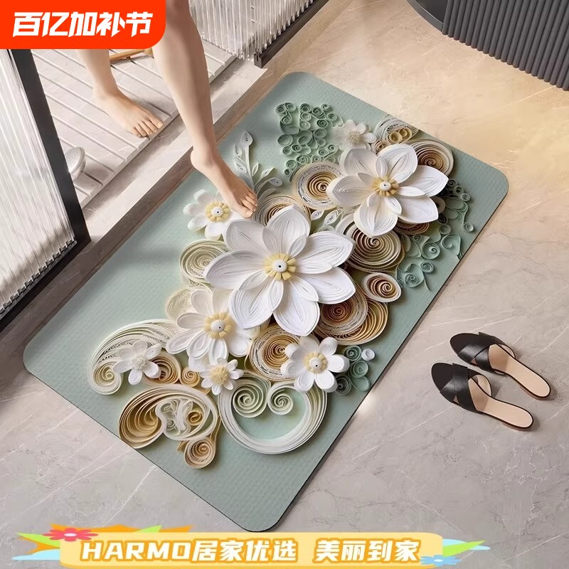 国风硅藻泥地垫3D立体花卉家用浴室防滑垫卫生间速干软吸水脚垫