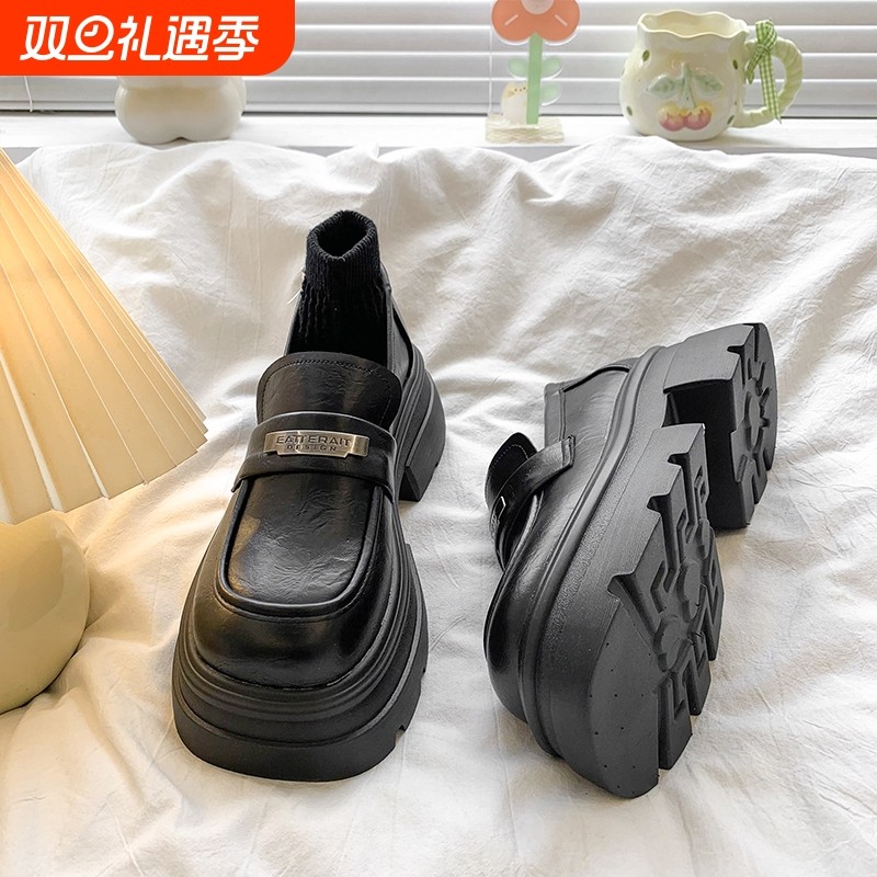 厚底粗跟乐福鞋女2025夏季新款增高黑色女鞋英伦风小皮鞋中跟棕色