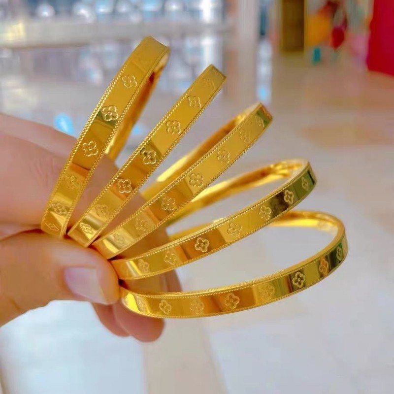 新款沙金四叶草手镯实心黄金店同款时尚幸运草手环不掉色镀金圈口