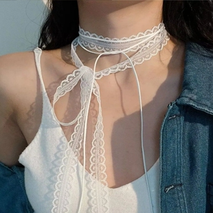 蕾丝飘带叠戴层次感设计蕾丝飘带细窄女春夏百搭锁骨颈带丝巾项链