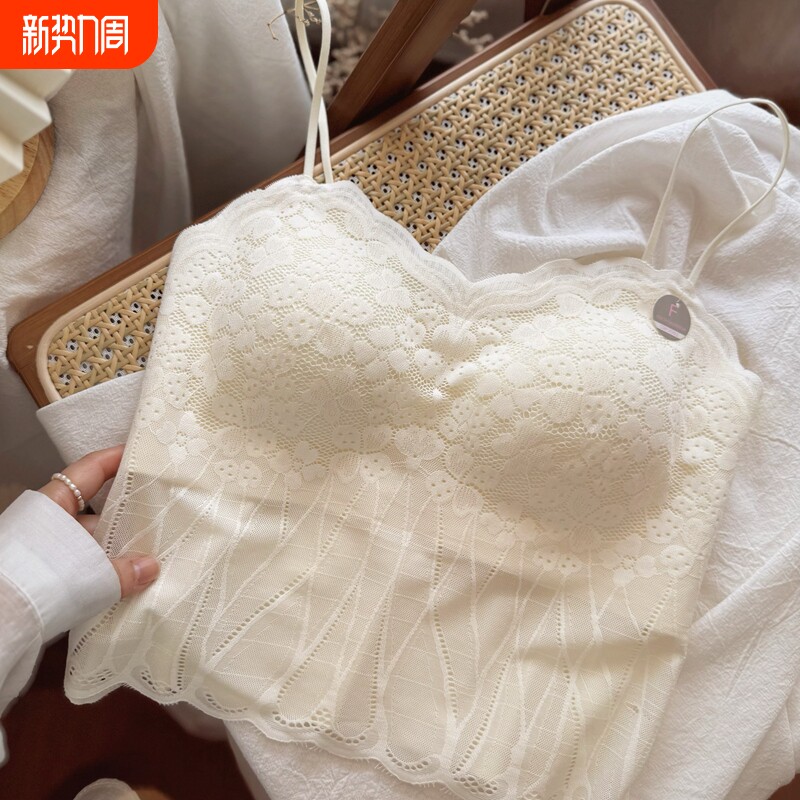 法式打底吊带背心美背抹胸式蕾丝内衣女文胸内搭性感固定黑色喵喵