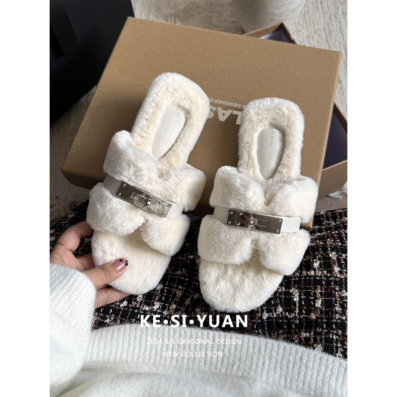 白色二舅毛毛拖鞋女外穿2025年秋季新款毛茸茸平底毛拖鞋毛绒鞋子