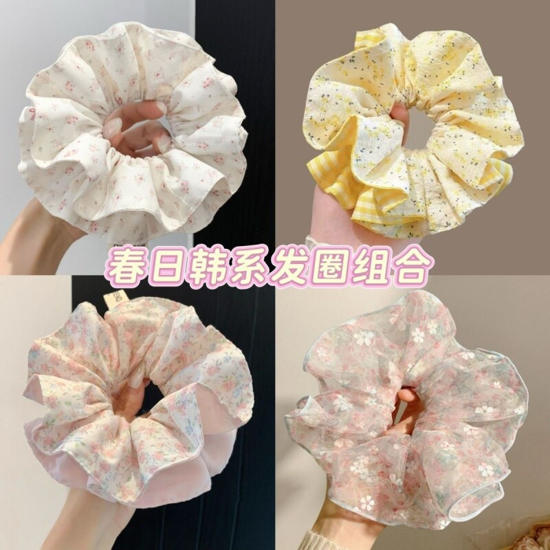 柔软泡泡纱韩国粉色碎花大肠发圈女高级感仙气慵懒风头绳发饰发圈