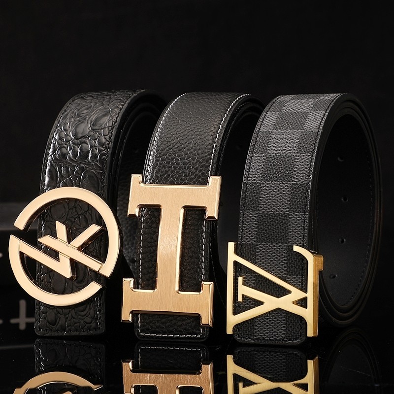 男仕皮带男士真皮腰带年轻人牛皮字母奢侈品商务个性老花平滑扣