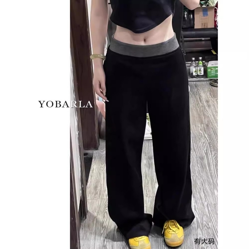 黑色拼接休闲裤女秋冬加绒大码胖mm宽松显瘦梨形身材阔腿运动卫裤