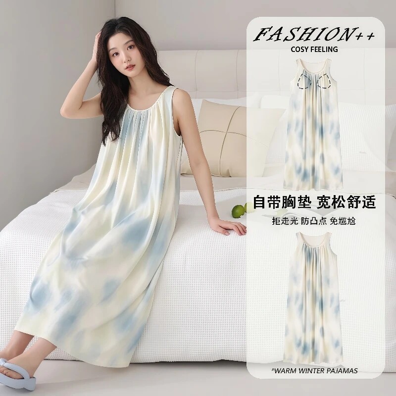 夏季无袖睡裙女带胸罩固定宽松休闲睡衣吊带薄款青年长裙学生韩式