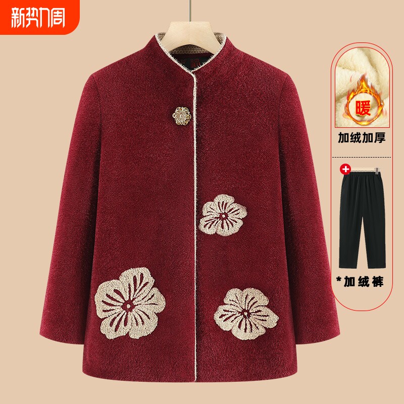 中老年人奶奶外套女妈妈冬装加绒加厚水貂绒上衣老人毛呢衣服红色