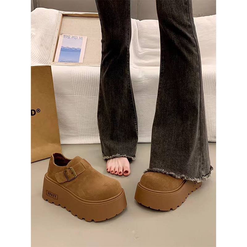 勃肯鞋女2025新款秋冬季复古百搭加绒厚底增高乐福棉鞋小个子松糕