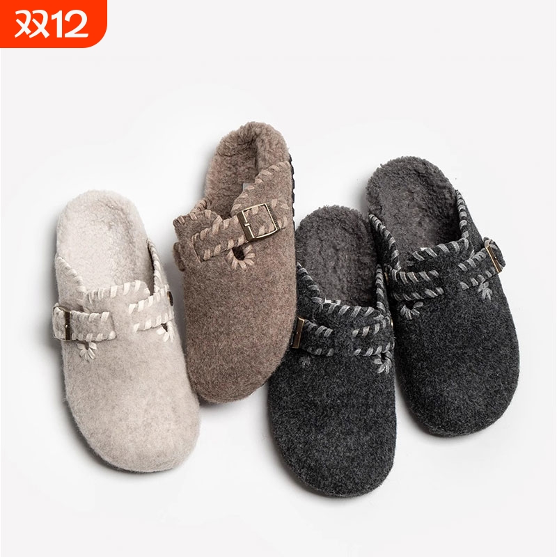 毛呢勃肯鞋包头半拖鞋女外穿2025秋冬新款厚底加绒棉拖鞋灰色毛绒