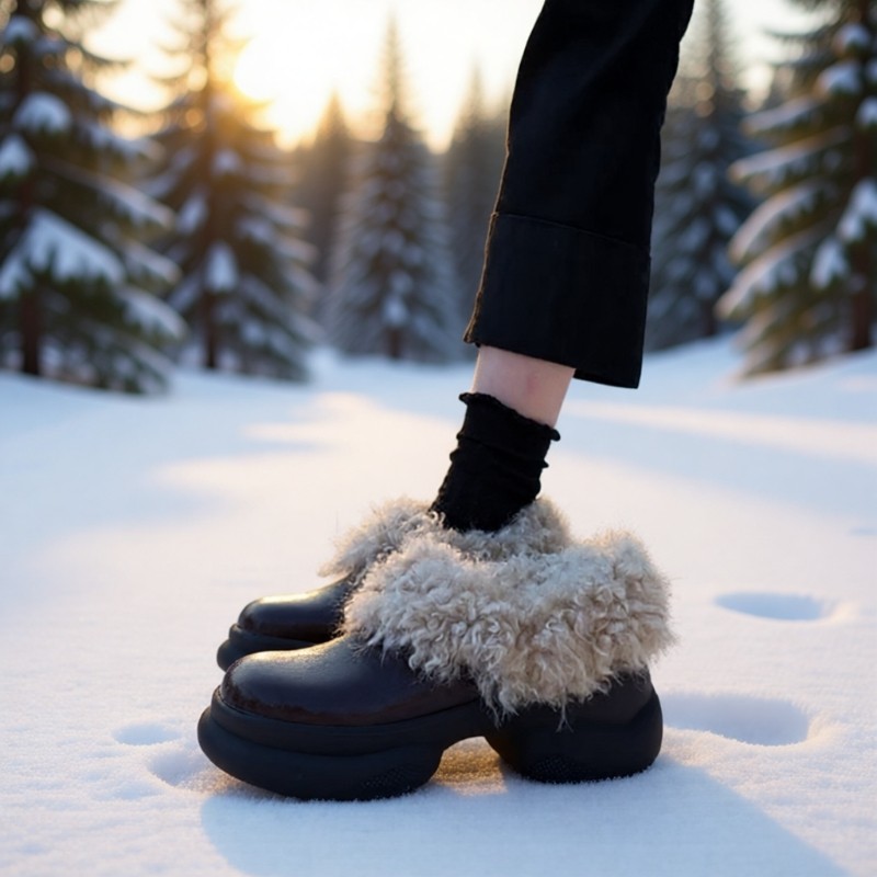 羊皮版~毛毛鞋女厚底一脚蹬加绒保暖雪地靴高跟粗跟方头冬季棕色