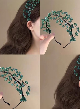 韩系夏季绿色闪钻发箍森系超仙绝美清新复古精致编织串珠碎发发饰