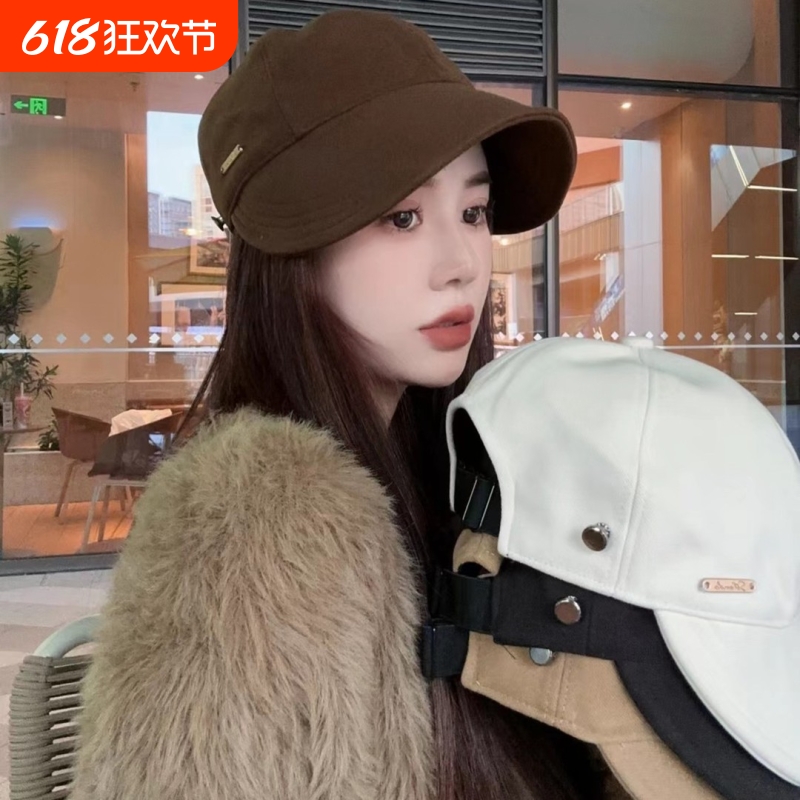 韩版加宽遮脸鸭舌帽子女春秋百搭显脸小渔夫帽明星同款休闲毛呢帽