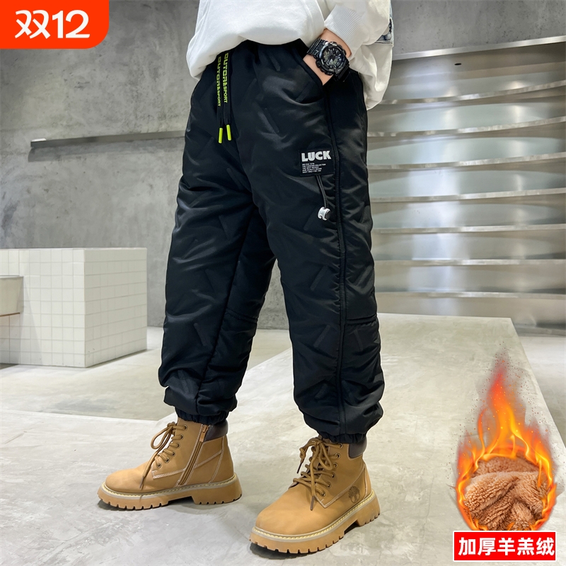 男童羊羔绒加厚保暖棉裤冬款2025新款中大儿童加绒裤子一体绒冬季