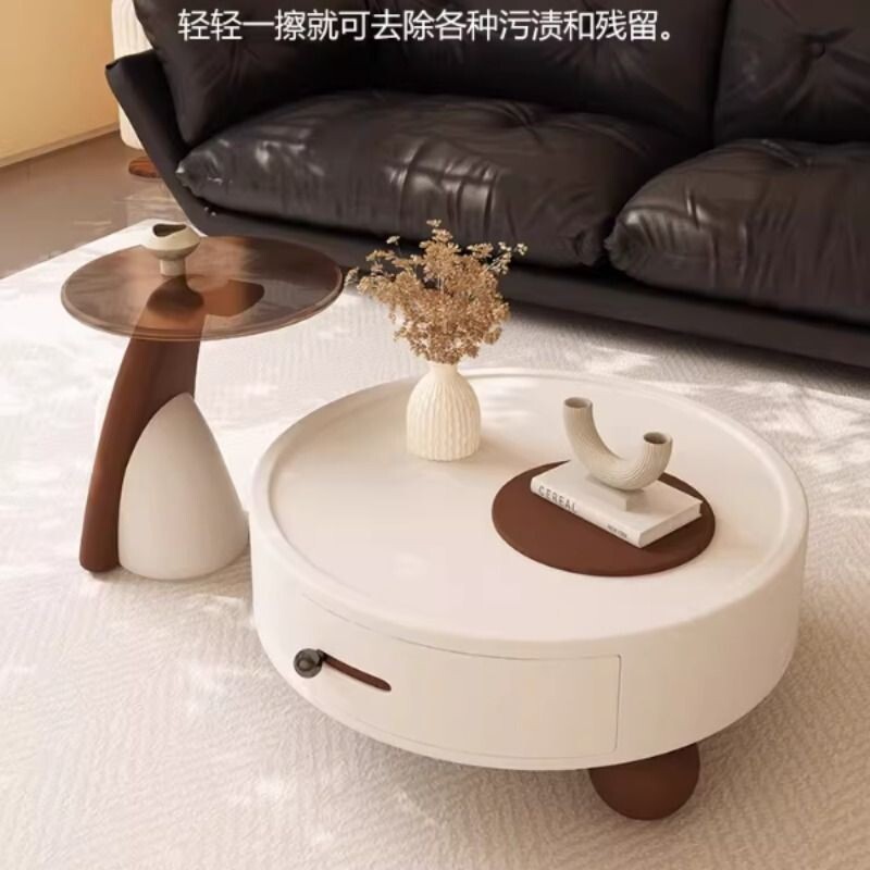 中古奶油风胖丁茶几客厅家用2025新款高级感胡桃木艺术圆形茶几桌