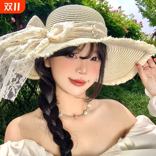 蕾丝蝴蝶结草帽女夏季 海边大檐沙滩度假遮阳防晒甜美太阳帽子 新款