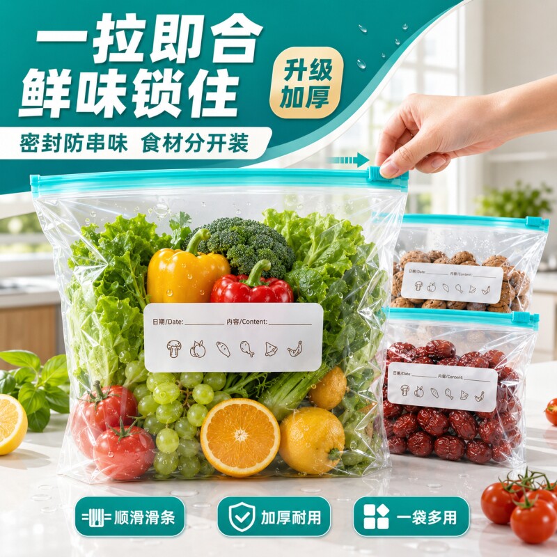 保鲜袋密封袋食品级冰箱专用拉链式塑料袋带封口收纳蔬菜冷冻家用