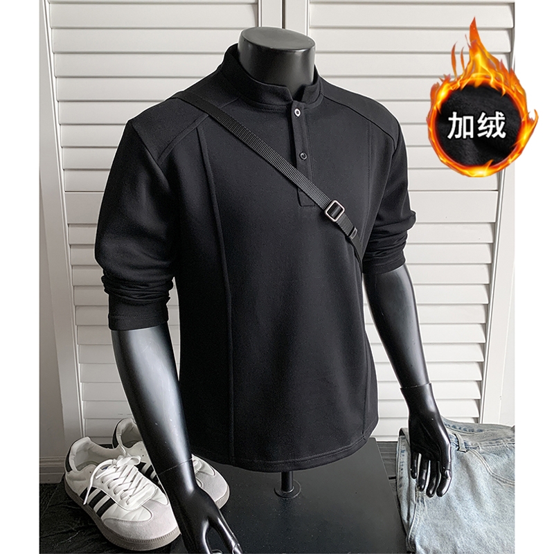 亨利领美式秋冬季加绒长袖T恤男款立领解构拼接cleanfit打底卫衣