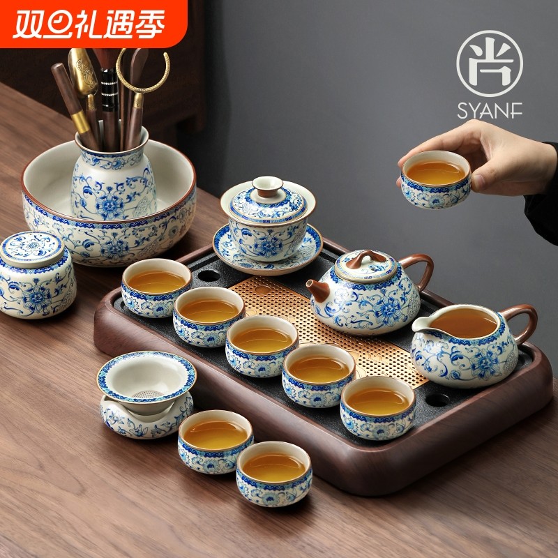 青花汝窑功夫茶具套装家用2025新款轻奢高档一套高端茶壶茶杯