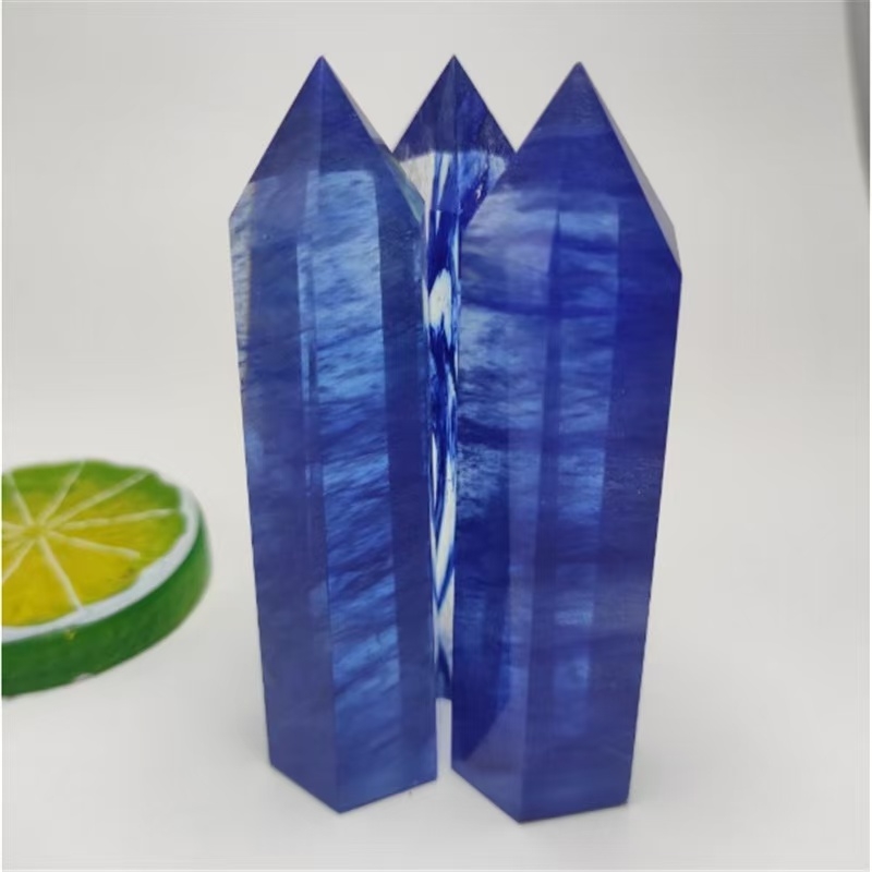蓝熔炼石水晶人造六棱柱六棱柱单尖蓝色熔炼石水晶工艺品摆件批发