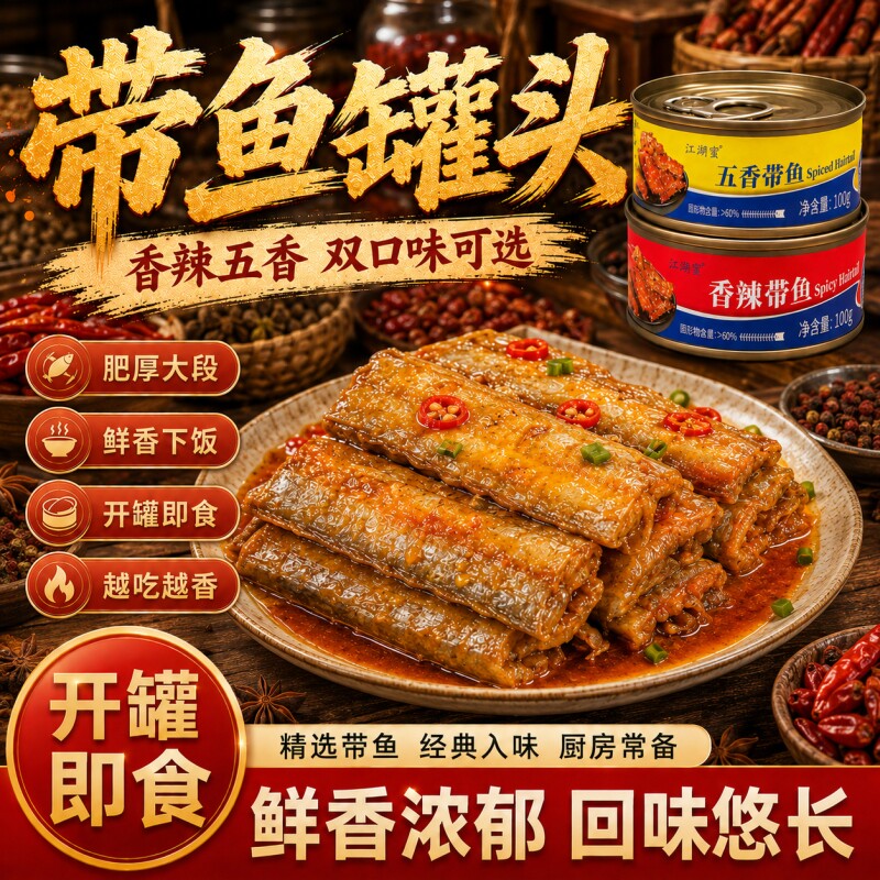 五香带鱼罐头香酥香辣中段带鱼即食海鲜熟食下饭菜速食品整箱罐装