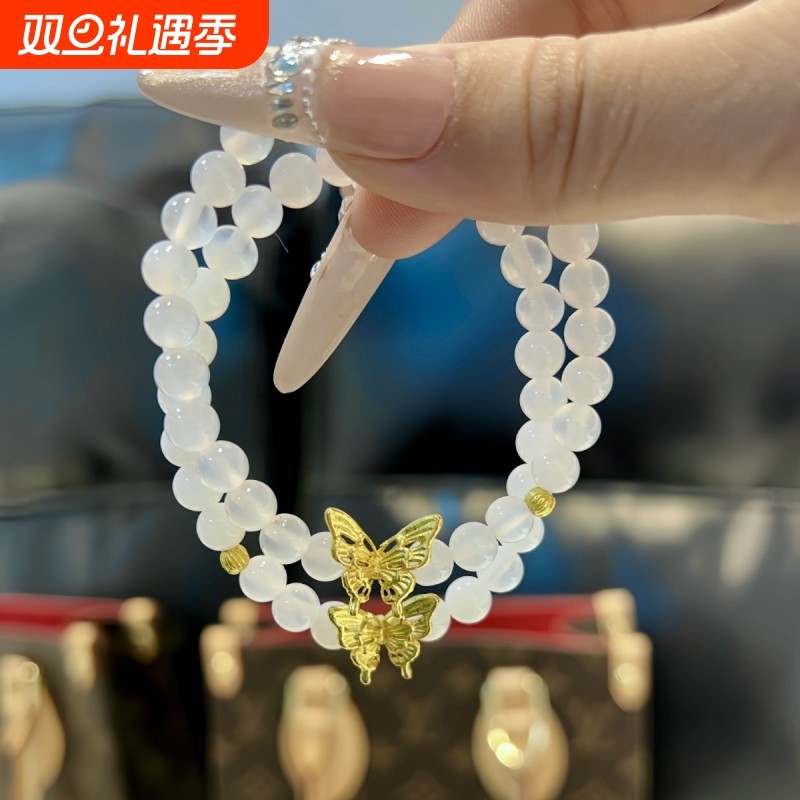 原创天然白玛瑙荔枝冻手串蝴蝶手链水晶饰品高级感手串新中式