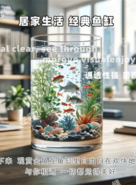 圆柱型鱼缸超白加厚玻璃客厅免换水生态金鱼缸小型家用圆柱形底部