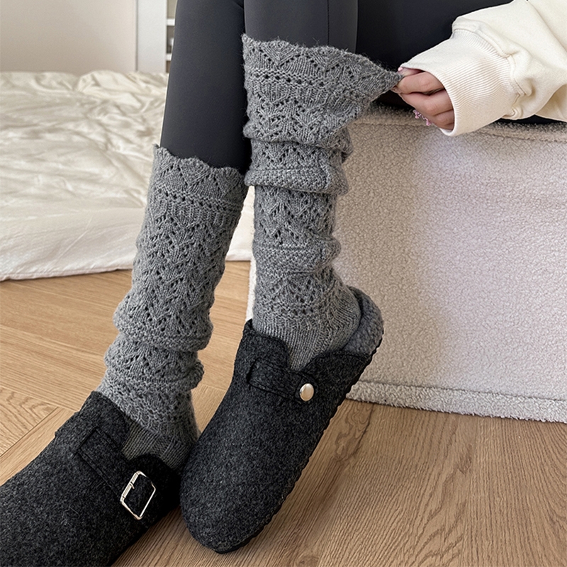 堆堆袜灰色花边袜子女秋冬小腿配鲨鱼裤的袜子保暖针织镂空长筒袜