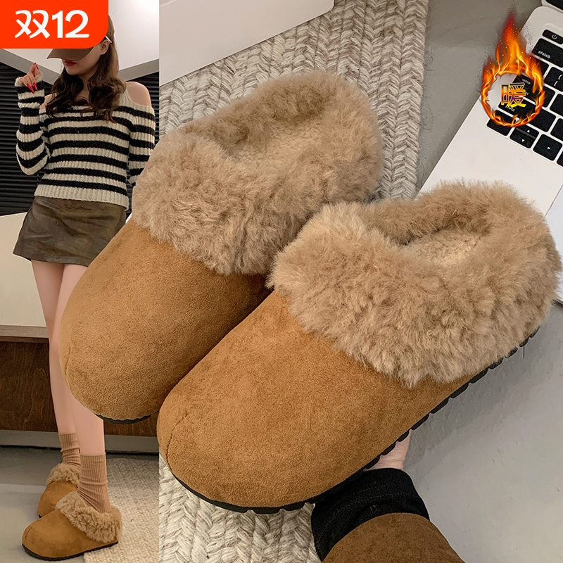 勃肯鞋女毛毛拖鞋外穿平底加绒雪地靴棉拖2025新款秋冬包头半拖鞋