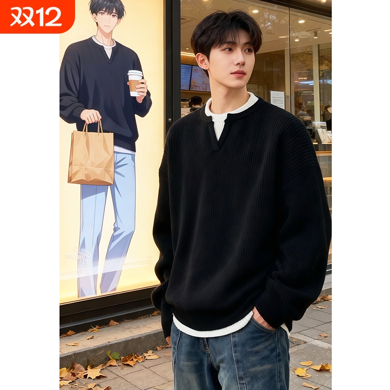 秋冬季加绒加厚假两件毛衣男士宽松圆领针织打底衫男黑色舒适排汗