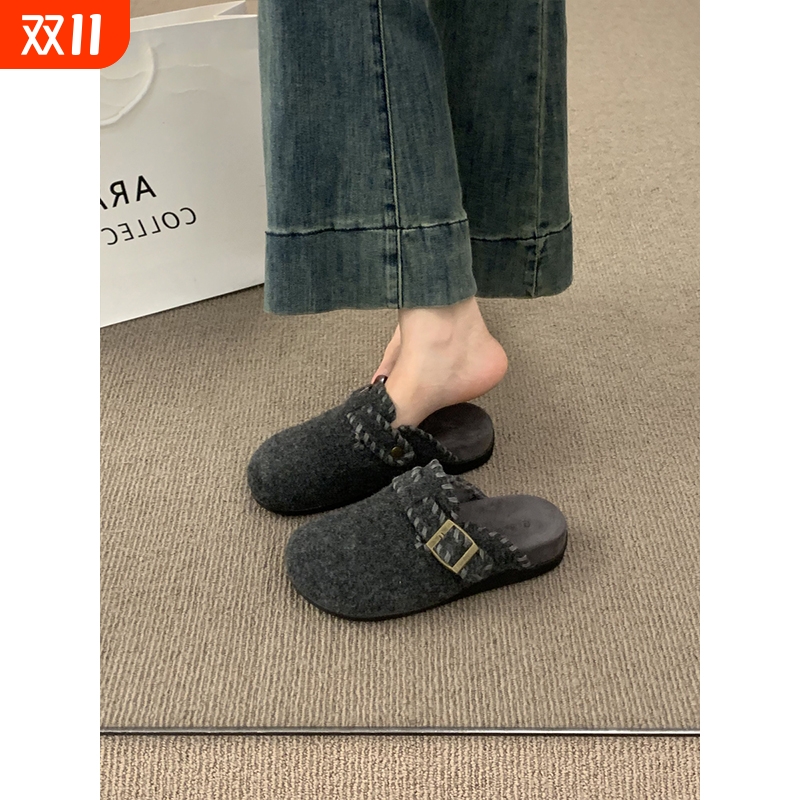 晚晚风呢子包头半拖鞋女外穿一脚蹬厚底灰色毛毡勃肯鞋女内增高